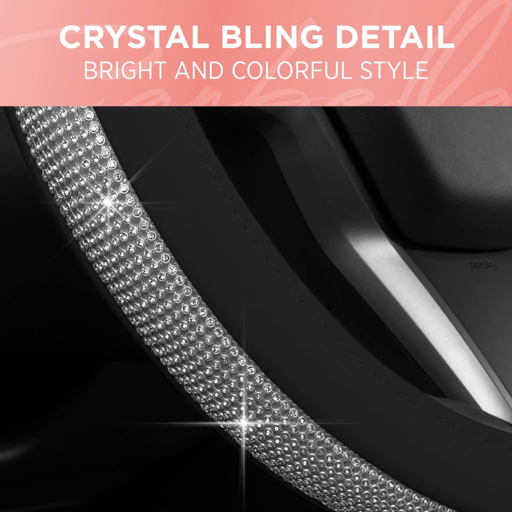 Bling Bling Glitter Diamond Leather Steering Wheel Cover with 9 Rows Crystal Rhinestones, Fits Wheels 14.5 - 15 inch for Women
