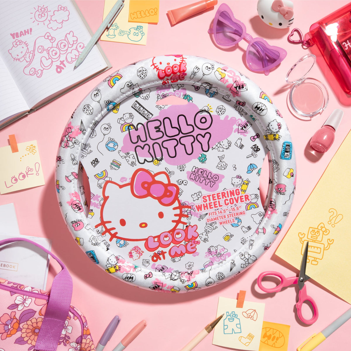 Hello Kitty Steering Wheel Cover, Official Sanrio Car Steering Wheel Cover with Universal Size 14.5 - 15.5, Cute White Steering Wheel Cover for Women, Hello Kitty Car Accessories (Hello Kitty Look at Me)