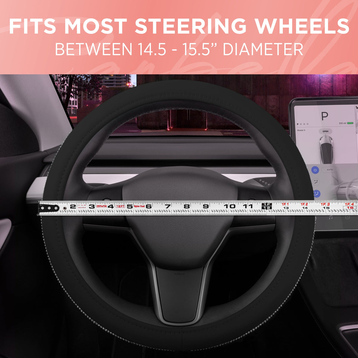 Bling Bling Glitter Diamond Leather Steering Wheel Cover with 9 Rows Crystal Rhinestones, Fits Wheels 14.5 - 15 inch for Women
