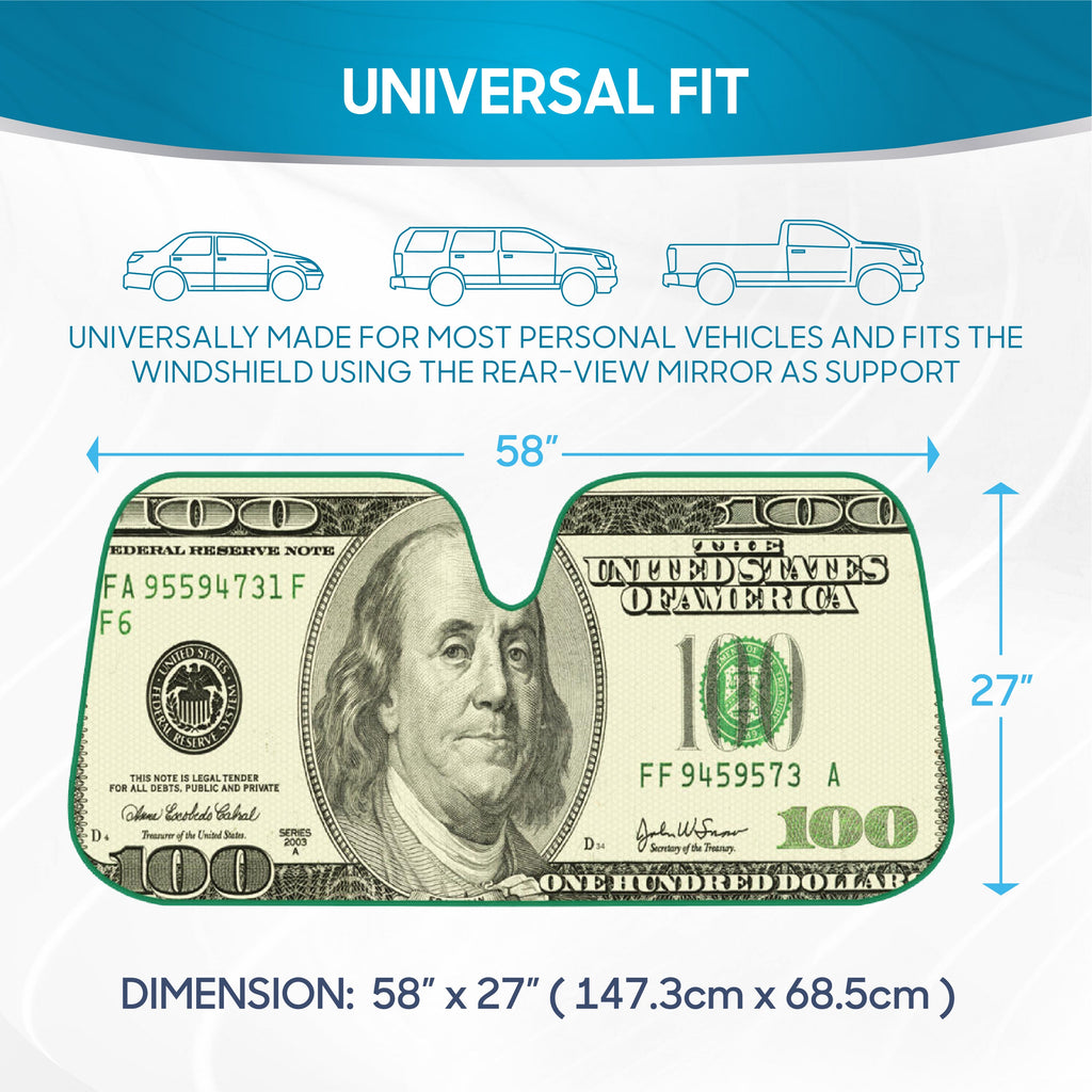 BDK 100 Dollar Benjamin Front Windshield Sunshade (58" x 27")