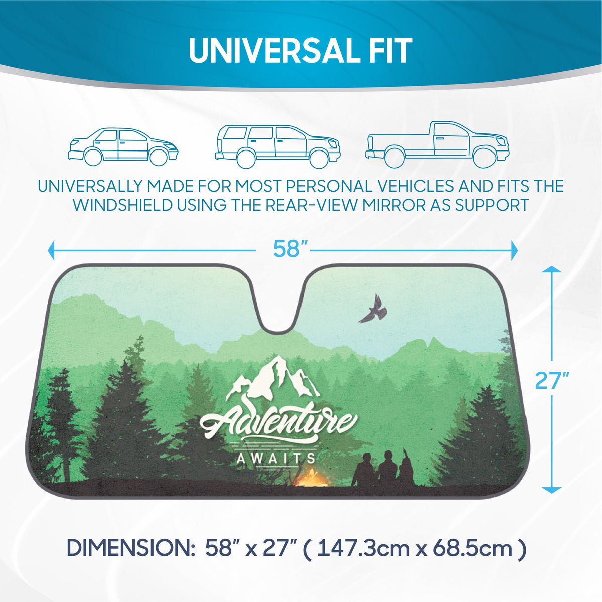 BDK Adventure Awaits Front Windshield Sunshade with Velcro Closure Strap (58" x 27")