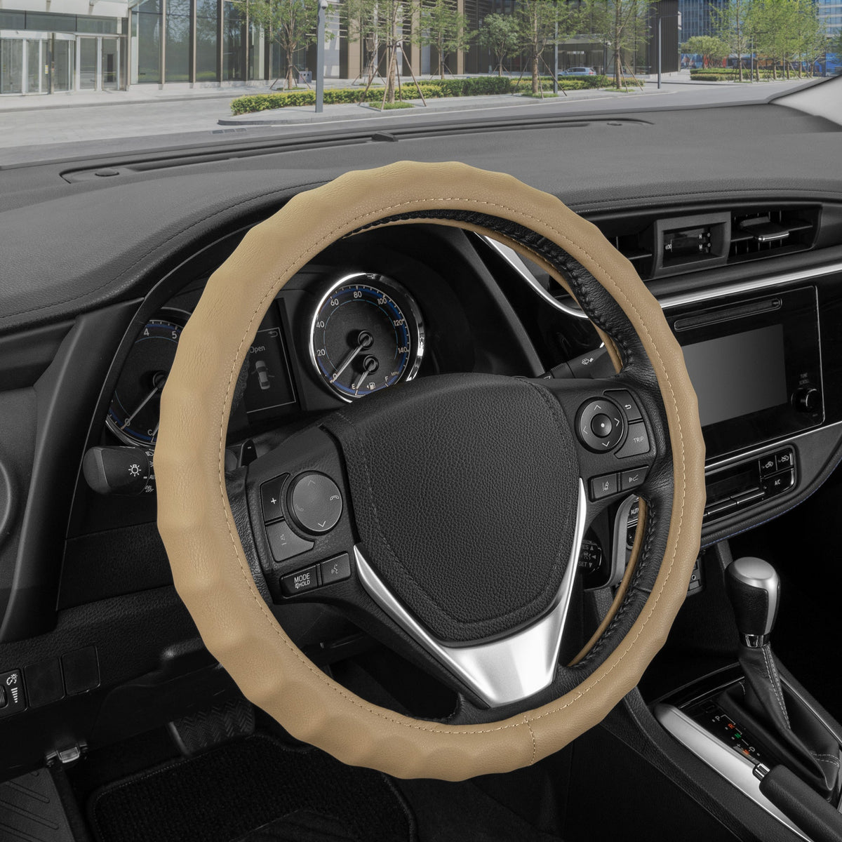 BDK Large Genuine Leather Ergonomic Non-Slip Grip Steering Wheel Cover (Fits 15.5" - 16")