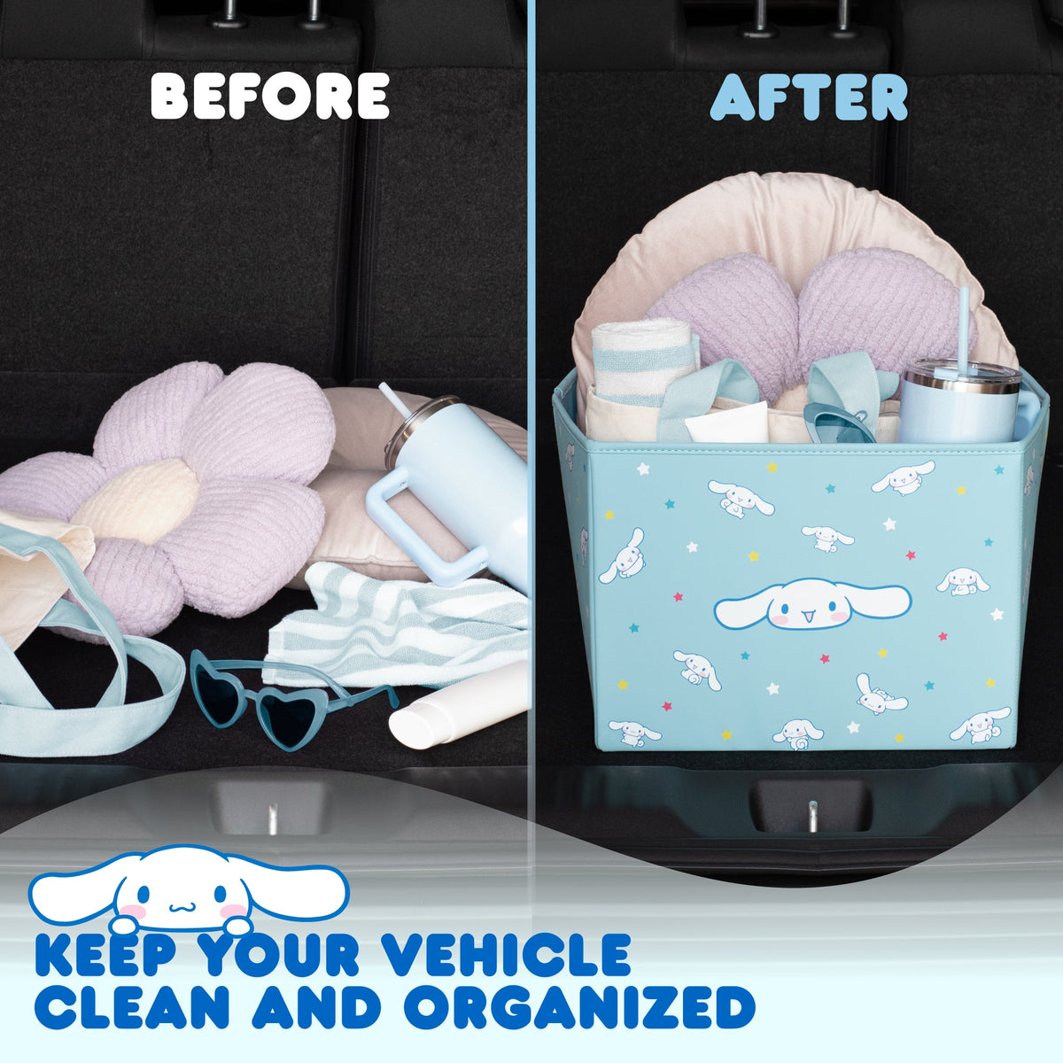Sanrio Cinnamoroll Car Trunk Organizer and Storage Bin - Collapsible Simple Compartment Convenient Heavy Duty, Fold Up for Easy Storage Box, Automotive Seat Cargo Groceries Tools - 12.5L x 12.5W x 9H