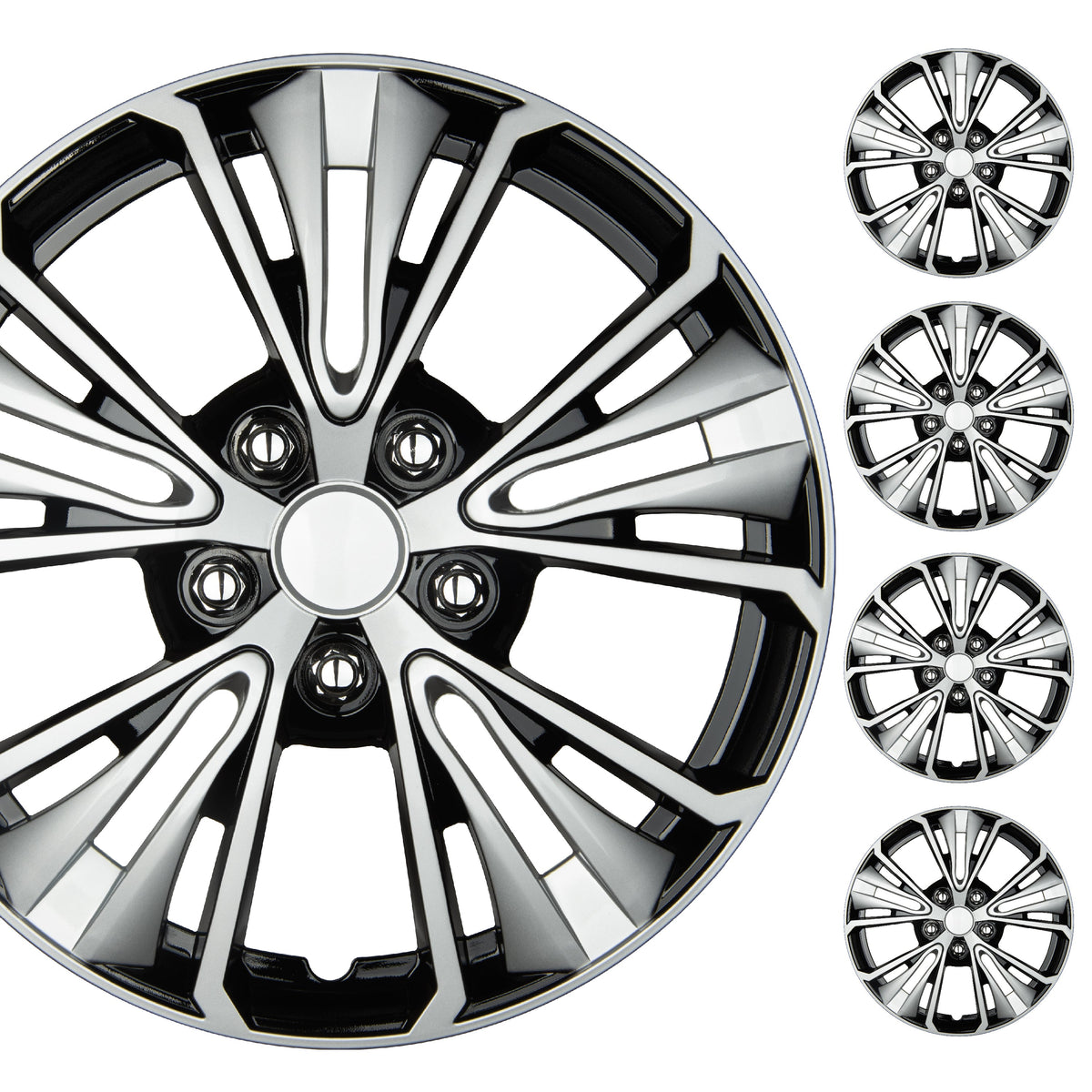 BDK 16 Inch Hubcaps Set of 4 - OEM Replacement Snap-On Wheel Rim Covers - Universal Fit Car Wheel Cover for Cars, Trucks, SUV, Vans Durable ABS Black & Silver 5-Spoke Hub-Cap Car Accessories Exterior