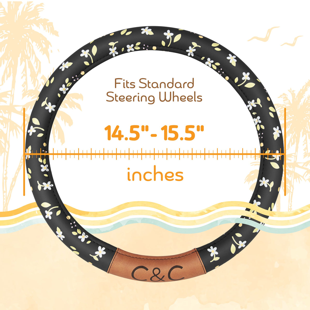 C&C California Car Steering Wheel Cover Floral Daisy Flowers, Non Slip Black Leather Steering Wheel Cover for Women Men, Cute Comfortable Soft Easy Installation Universal Fit (Fits 14.5"-15.5" Inches)