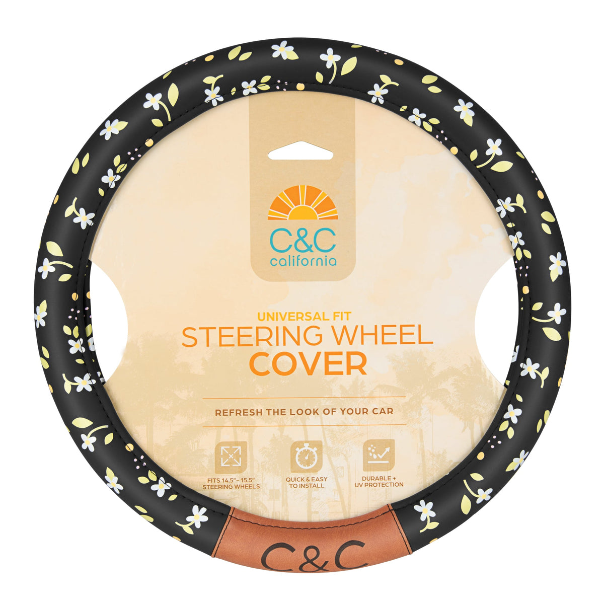 C&C California Car Steering Wheel Cover Floral Daisy Flowers, Non Slip Black Leather Steering Wheel Cover for Women Men, Cute Comfortable Soft Easy Installation Universal Fit (Fits 14.5"-15.5" Inches)