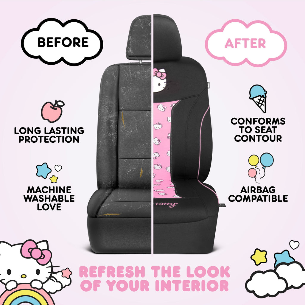 Hello Kitty Car Seat Covers - Cute and Durable Pink Front Seat Covers, Adorable Hello Kitty Design, Comfortable and Long-Lasting Polyester, Car Accessories Gift Hello Kitty Accessories 2pc Black/Pink