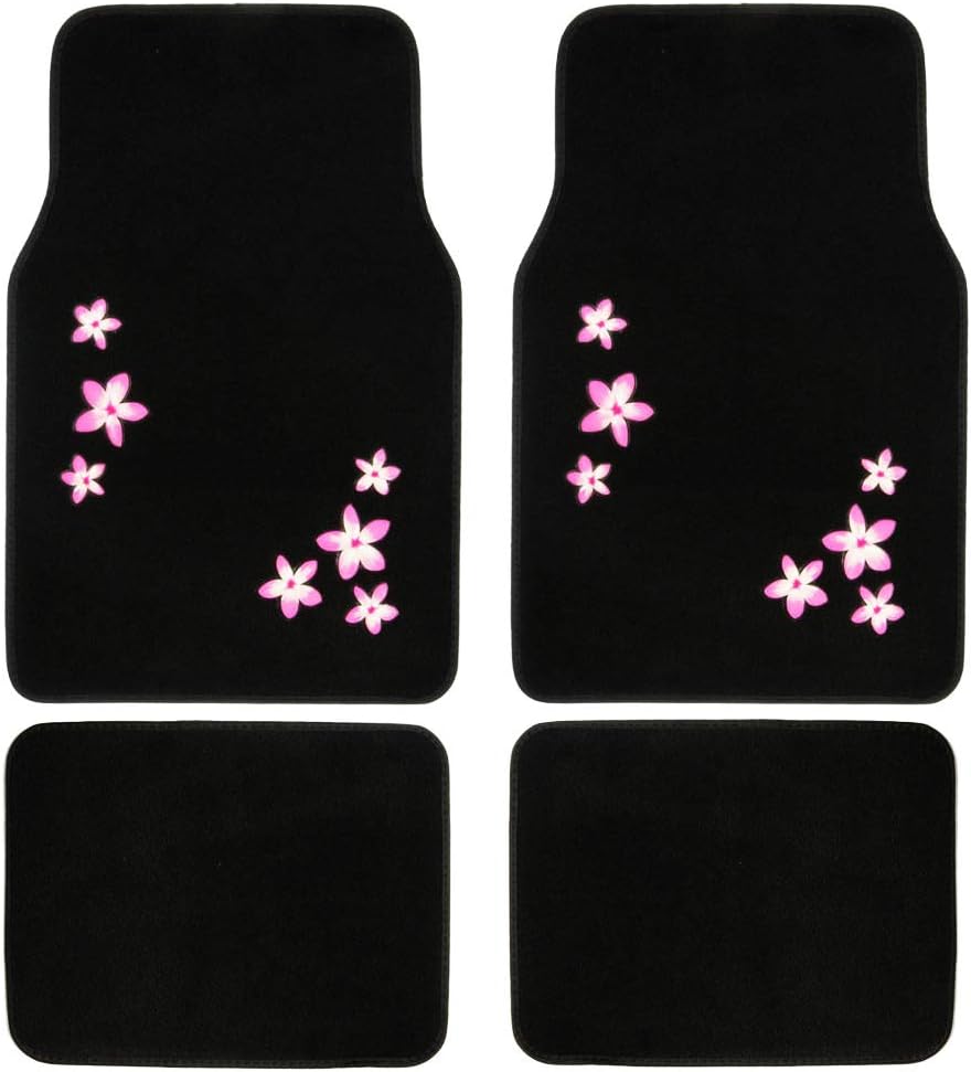 BDK Design Patch Carpet Front Floor Mats and Rear Floor Mats - Pink Flowers