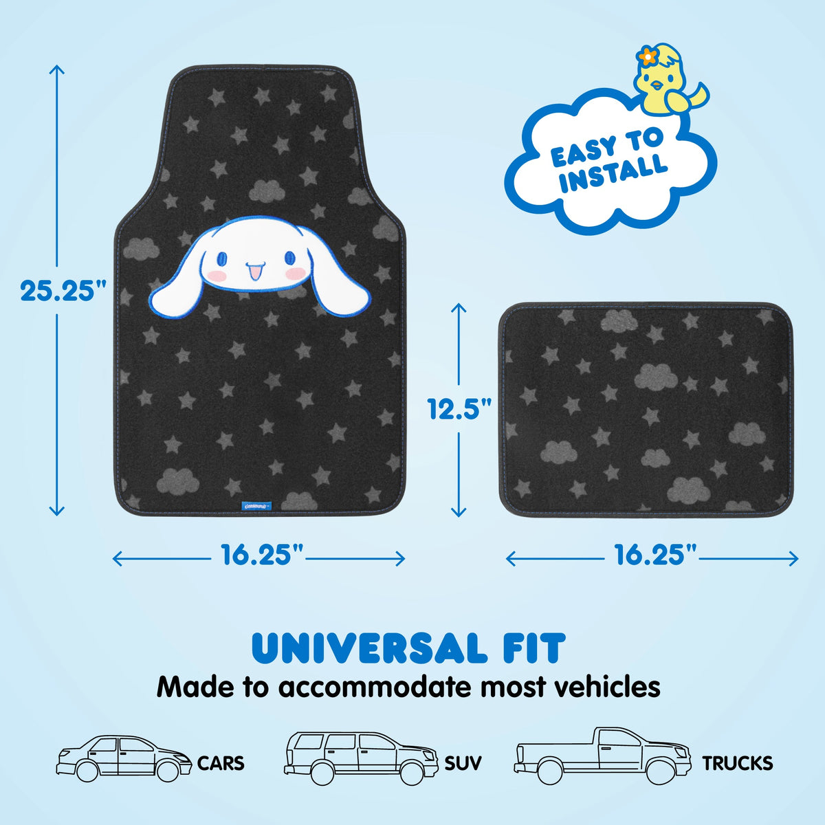 Cinnamoroll Carpet Car Floor Mats - Universal Fit for Cars, SUVs & Trucks - Super Cute Cinnamoroll Print & Pattern Accents - Front & Rear Set, 4 Piece