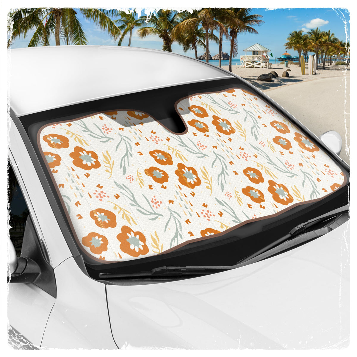 C&C Orange Floral Car Windshield Sun Shade - Sun Visor SunShade for Car Windshield - Window Shades for Cars, SUV & Truck - Dash Cover UV Protection for Front Window Shade Accessories - 57" x 27"