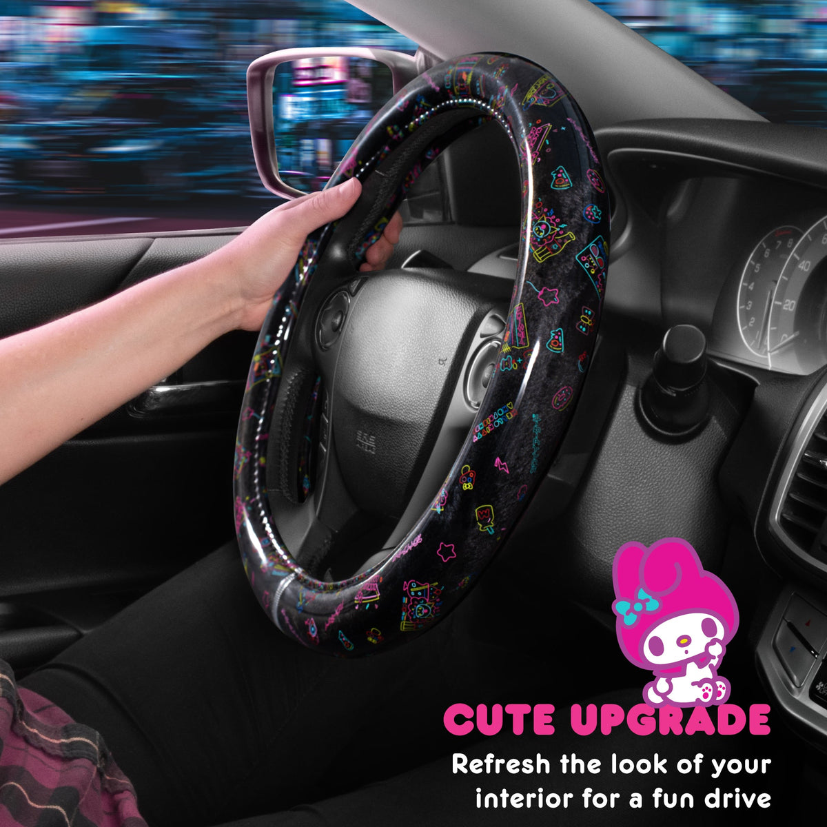 Hello Kitty Steering Wheel Cover, Official Sanrio Car Steering Wheel Cover with Universal Size 14.5 - 15.5, Cute Black Steering Wheel Cover for Women, Hello Kitty Car Accessories (Hello Kitty Kawaii Arcade)