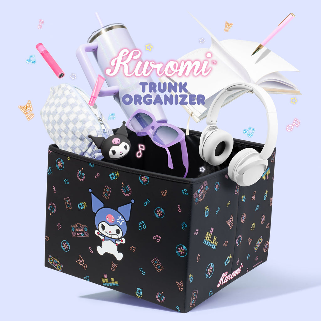 Sanrio Kuromi Car Trunk Organizer and Storage Bin - Collapsible Simple Compartment Convenient Heavy Duty, Fold Up for Easy Storage Box, Automotive Seat Cargo for Groceries Tools - 12.5L x 12.5W x 9H
