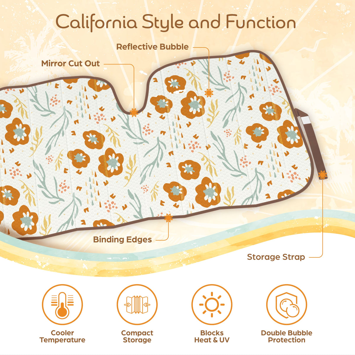 C&C Orange Floral Car Windshield Sun Shade - Sun Visor SunShade for Car Windshield - Window Shades for Cars, SUV & Truck - Dash Cover UV Protection for Front Window Shade Accessories - 57" x 27"