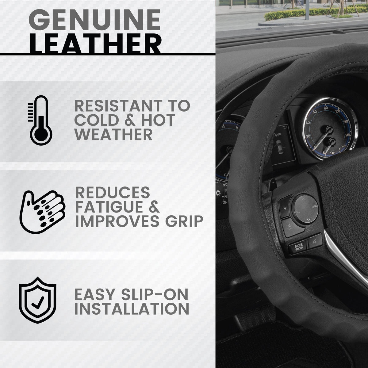 BDK Genuine Leather Ergonomic Non-Slip Grip Steering Wheel Cover (Fits 14.5" - 15.5")