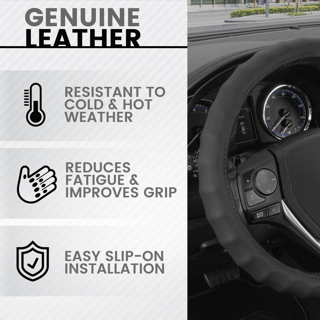 BDK Large Genuine Leather Ergonomic Non-Slip Grip Steering Wheel Cover (Fits 15.5" - 16")