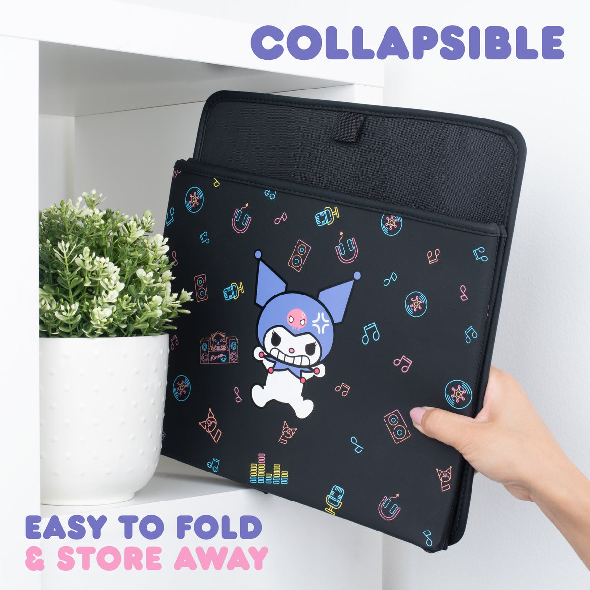Sanrio Kuromi Car Trunk Organizer and Storage Bin - Collapsible Simple Compartment Convenient Heavy Duty, Fold Up for Easy Storage Box, Automotive Seat Cargo for Groceries Tools - 12.5L x 12.5W x 9H