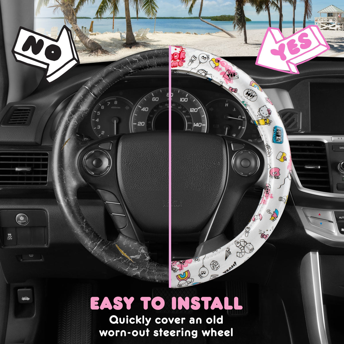Hello Kitty Steering Wheel Cover, Official Sanrio Car Steering Wheel Cover with Universal Size 14.5 - 15.5, Cute White Steering Wheel Cover for Women, Hello Kitty Car Accessories (Hello Kitty Look at Me)