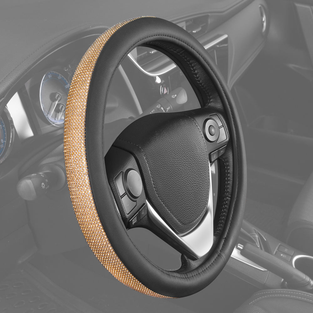 Bling Bling Glitter Diamond Leather Steering Wheel Cover with 9 Rows Crystal Rhinestones, Fits Wheels 14.5 - 15 inch for Women