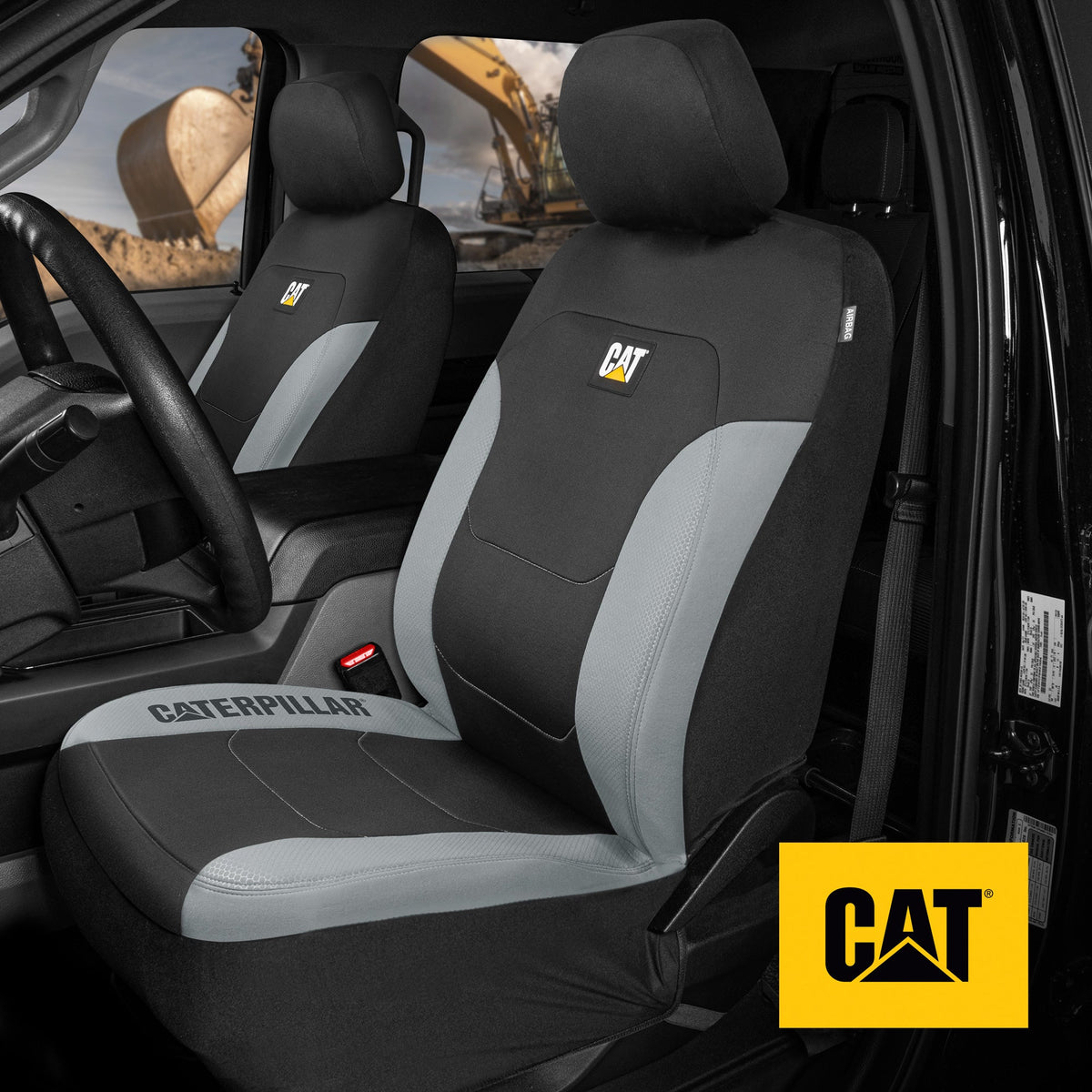 CAT Black & Gray Car Seat Covers Full Set – Front Seat Covers & Rear Bench Seat Cover – Airbag Compatible, 60/40 Split Bench for Trucks, Cars & SUVs – Automotive Interior Seat Protection Accessories --Alias 639034929689400484