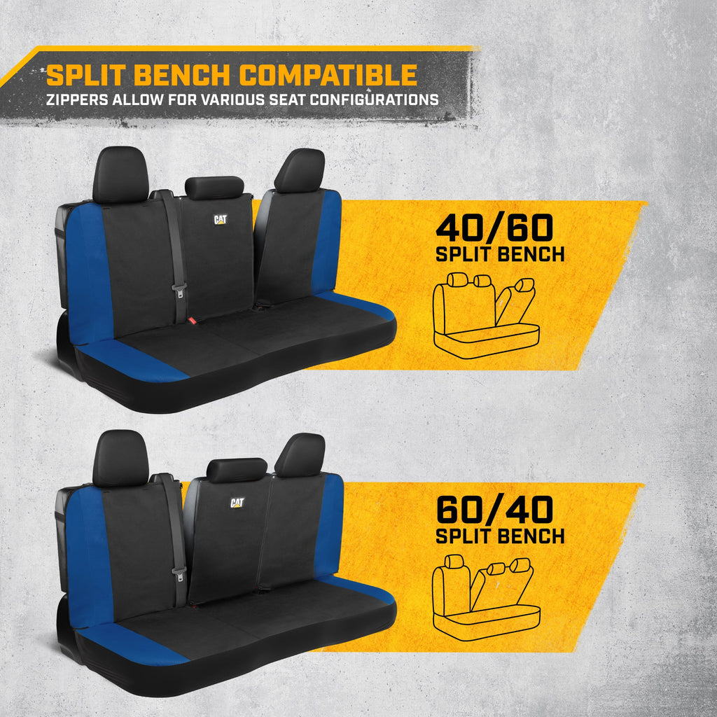 Cat Flexfit Blue Rear Seat Cover for Car – Durable Canvas & Mesh Design 60/40 Split Bench Protector for Cars, Trucks & SUVs – Back Seat Cover for Rear Bench – Interior Car Accessory