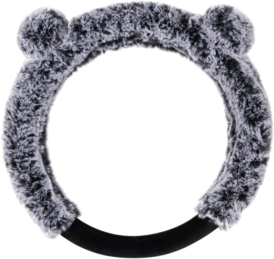 BDK Plush Fur Steering Wheel Cover (Fits 14.5" - 15.5") - Gray with Ears