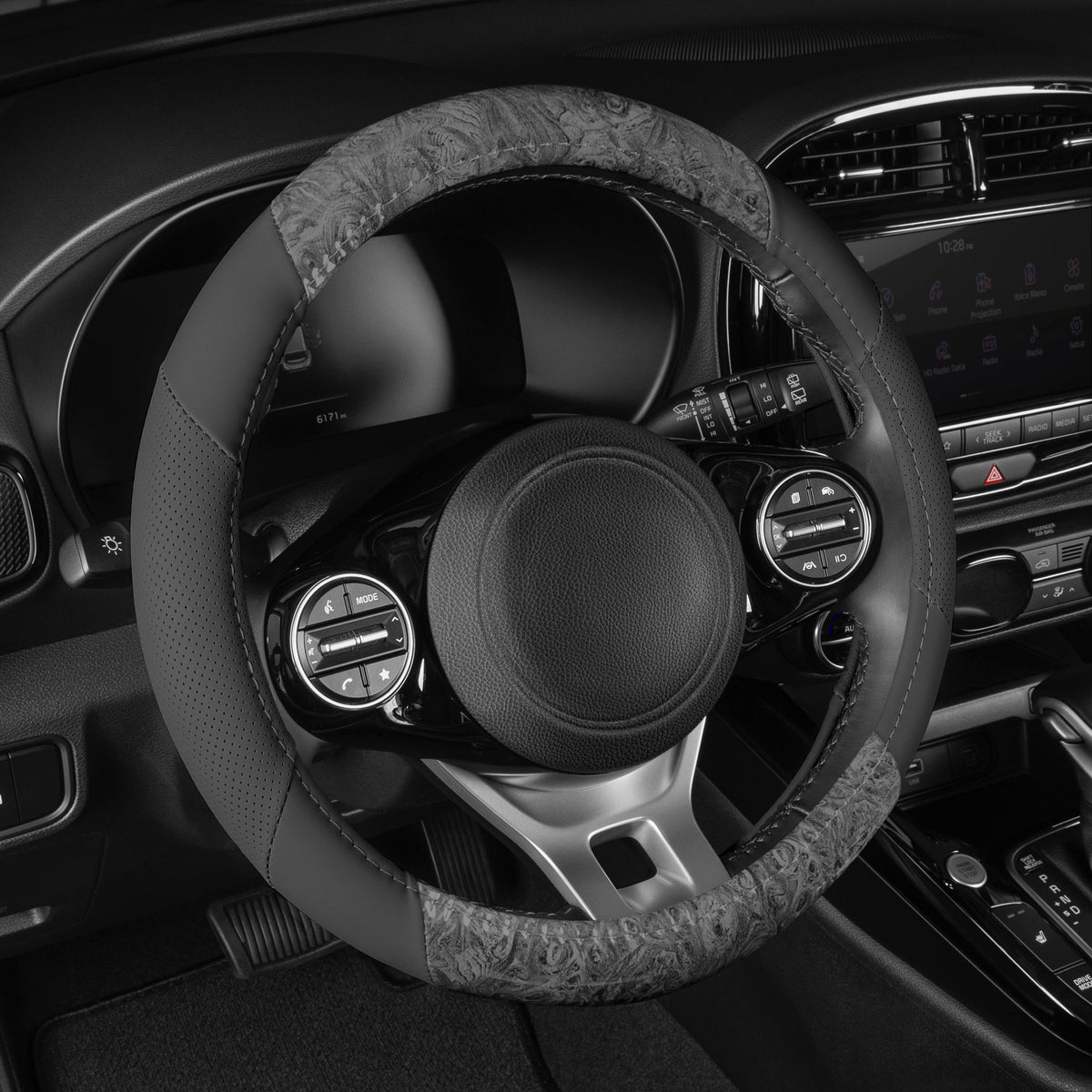 BDK Burlwood Pattern and Leatherette Sport Grip Steering Wheel Cover (Fits 14.5" - 15.5") - Gray