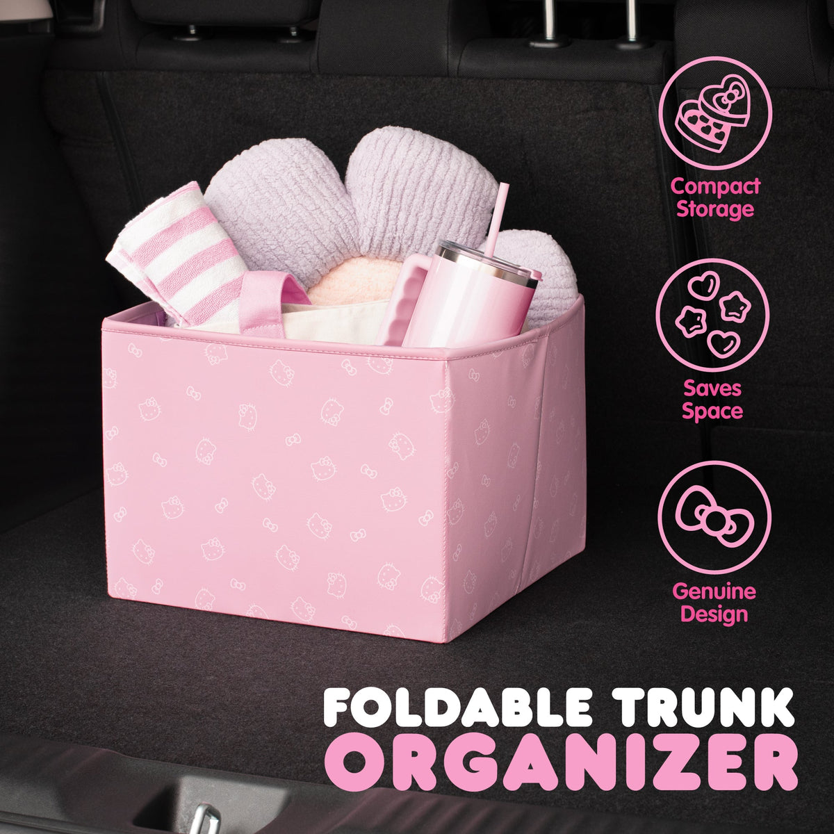Sanrio Hello Kitty Car Trunk Organizer and Storage Bin - Collapsible Simple Compartment Convenient Heavy Duty, Fold Up for Easy Storage Box, Automotive Seat Cargo Groceries Tools - 12.5L x 12.5W x 9H