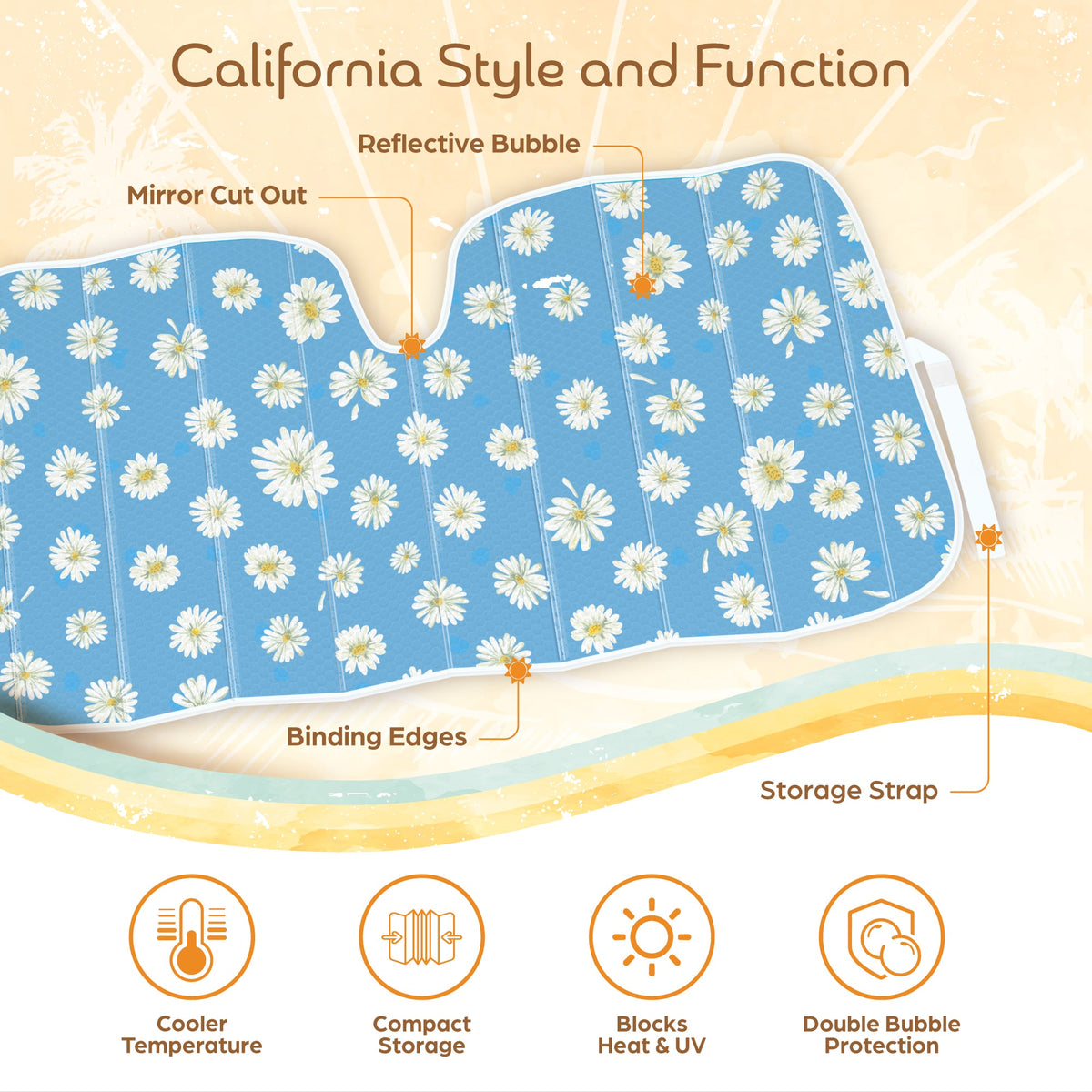 C&C Blue Daisy Car Windshield Sun Shade - Sun Visor SunShade for Car Windshield - Window Shades for Cars, SUV & Truck - Dash Cover UV Protection for Front Window Shade Accessories - 57" x 27"