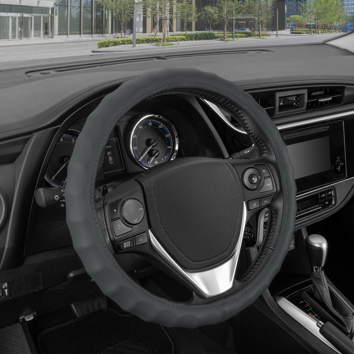 BDK Large Genuine Leather Ergonomic Non-Slip Grip Steering Wheel Cover (Fits 15.5" - 16")