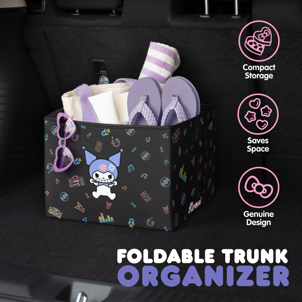 Sanrio Kuromi Car Trunk Organizer and Storage Bin - Collapsible Simple Compartment Convenient Heavy Duty, Fold Up for Easy Storage Box, Automotive Seat Cargo for Groceries Tools - 12.5L x 12.5W x 9H