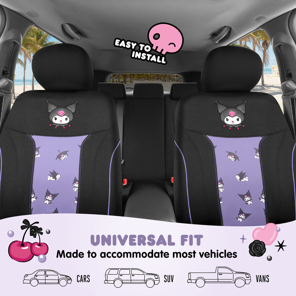 Hello Kitty Kuromi Car Seat Covers - Cute Black and Purple Front Seat Covers with Lavender Accents, Durable and Comfortable Polyester, Car Accessories Hello Kitty Accessories 2pc
