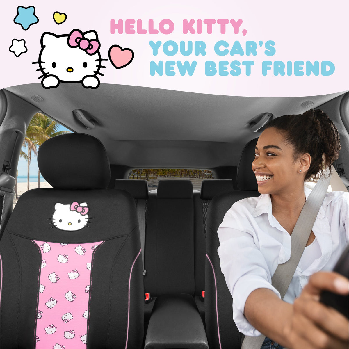 Hello Kitty Car Seat Covers - Cute and Durable Pink Front Seat Covers, Adorable Hello Kitty Design, Comfortable and Long-Lasting Polyester, Car Accessories Gift Hello Kitty Accessories 2pc Black/Pink