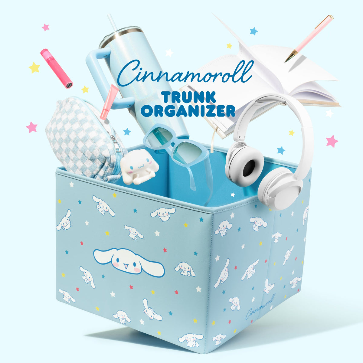 Sanrio Cinnamoroll Car Trunk Organizer and Storage Bin - Collapsible Simple Compartment Convenient Heavy Duty, Fold Up for Easy Storage Box, Automotive Seat Cargo Groceries Tools - 12.5L x 12.5W x 9H
