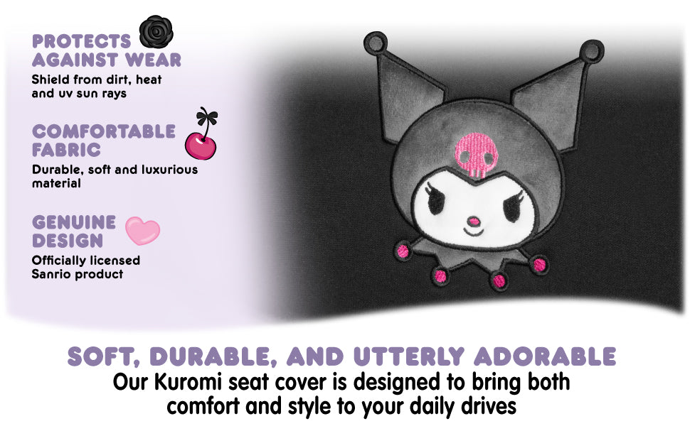 Hello Kitty Kuromi Car Seat Cover - Cute Black and Purple Front Seat Cover with Lavender Accents, Durable and Comfortable Polyester, Car Accessories Hello Kitty Accessories 1pc