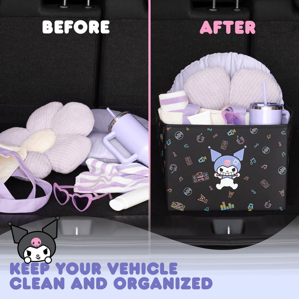 Sanrio Kuromi Car Trunk Organizer and Storage Bin - Collapsible Simple Compartment Convenient Heavy Duty, Fold Up for Easy Storage Box, Automotive Seat Cargo for Groceries Tools - 12.5L x 12.5W x 9H