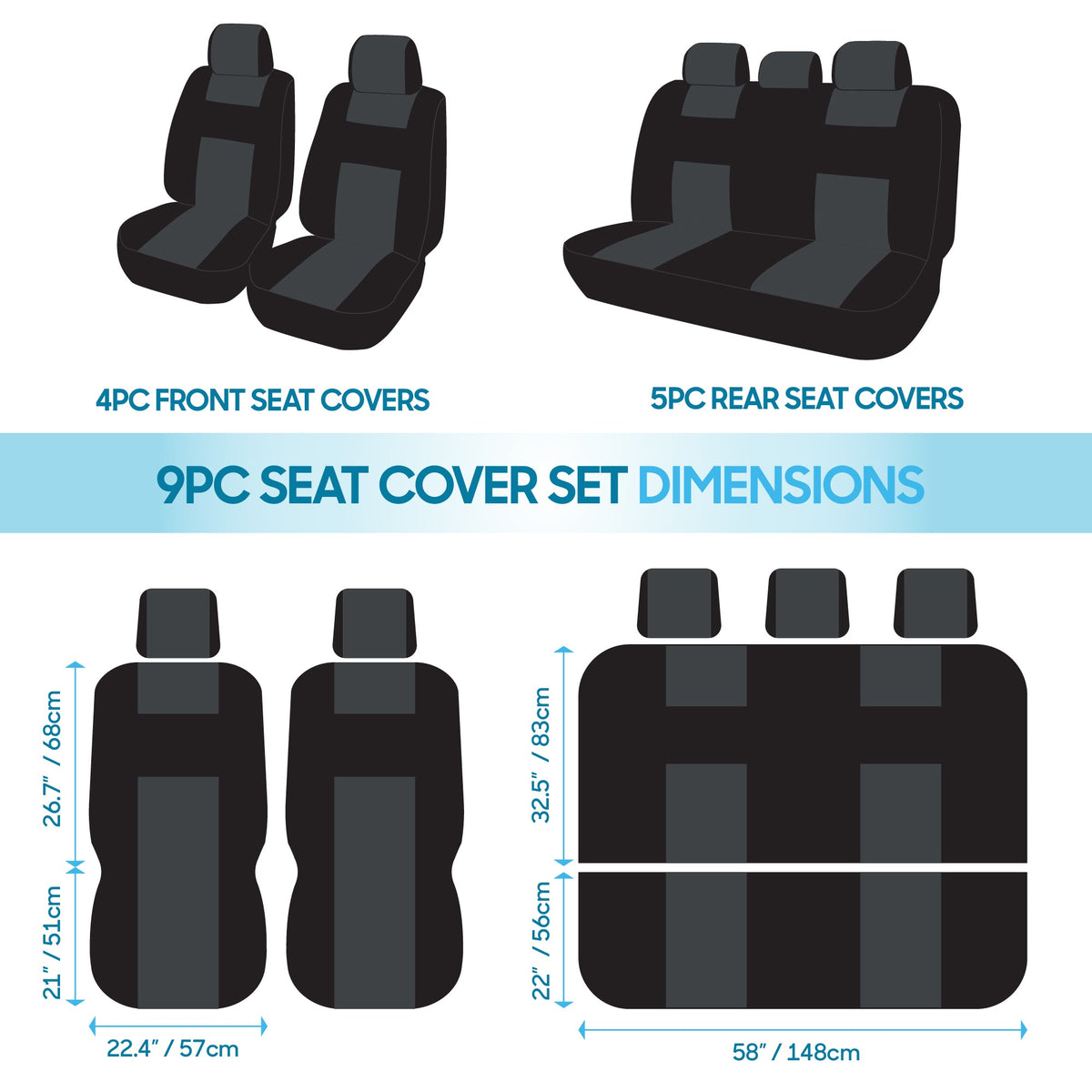 BDK 9-Piece PolyPro Front Seat Covers and Rear Seat Covers - Black/Blue