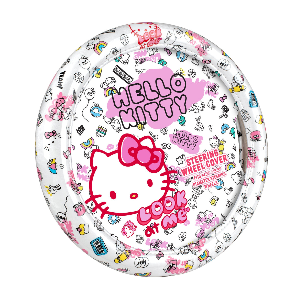 Hello Kitty Steering Wheel Cover, Official Sanrio Car Steering Wheel Cover with Universal Size 14.5 - 15.5, Cute White Steering Wheel Cover for Women, Hello Kitty Car Accessories (Hello Kitty Look at Me)