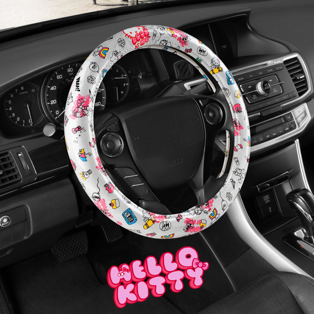 Hello Kitty Steering Wheel Cover, Official Sanrio Car Steering Wheel Cover with Universal Size 14.5 - 15.5, Cute White Steering Wheel Cover for Women, Hello Kitty Car Accessories (Hello Kitty Look at Me)