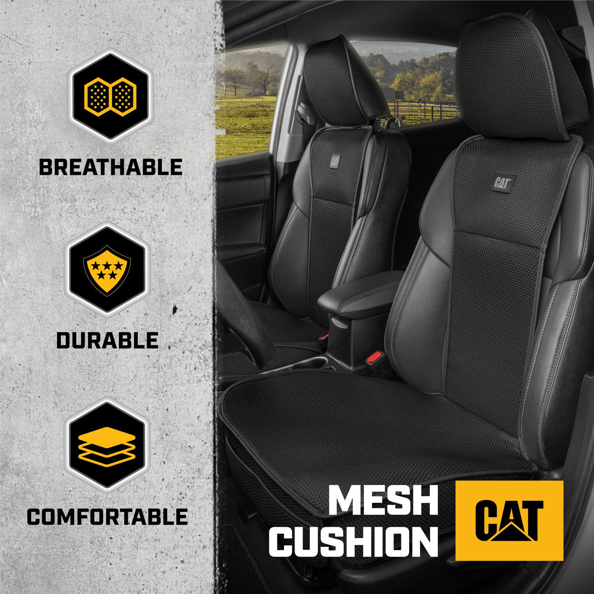 Caterpillar AeroMesh Black Seat Covers for Trucks, Car, & SUV - Front Truck Seat Cover Protector - Breathable Mesh Universal Fit Car Seat Covers - Automotive Seat Covers Top of Seat Protection